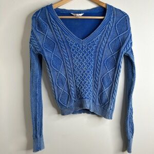 Y2K Preppy Blue Cable Knit V Neck Cropped Sweater Top XS/S Elena Bella Emo Indie